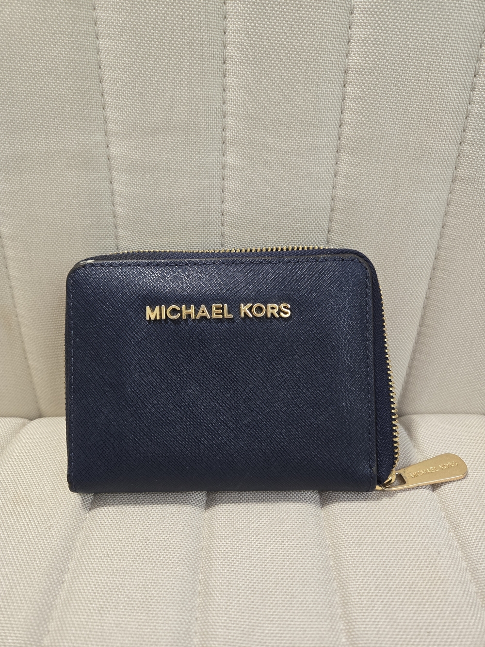 Michael Kors Navy Zip-Around Saffiano Card Wallet with Gold Hardware